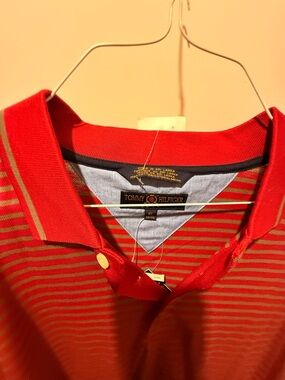 Tommy Hilfiger Red and Green Striped Polo Shirt